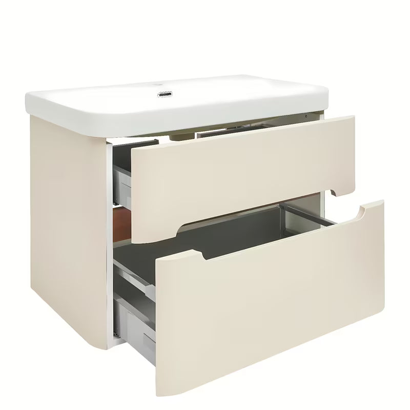 Viseća kupaonski ormarić s umivaonikom SAT Fusion u mat pješčano bež boji s obrubom u dekoru oraha