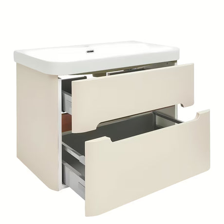 Viseća kupaonski ormarić s umivaonikom SAT Fusion u mat pješčano bež boji s obrubom u dekoru oraha