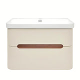 Viseća kupaonski ormarić s umivaonikom SAT Fusion u mat pješčano bež boji s obrubom u dekoru oraha