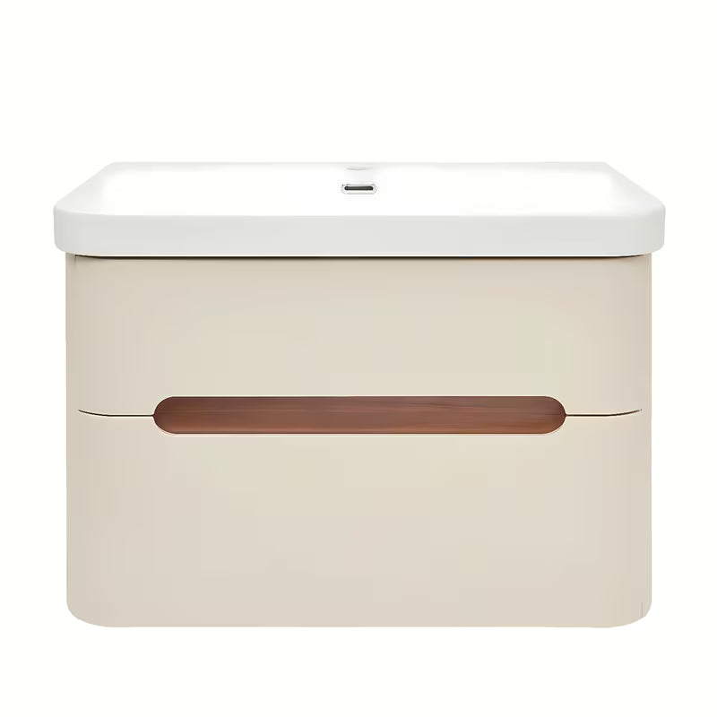 Viseća kupaonski ormarić s umivaonikom SAT Fusion u mat pješčano bež boji s obrubom u dekoru oraha