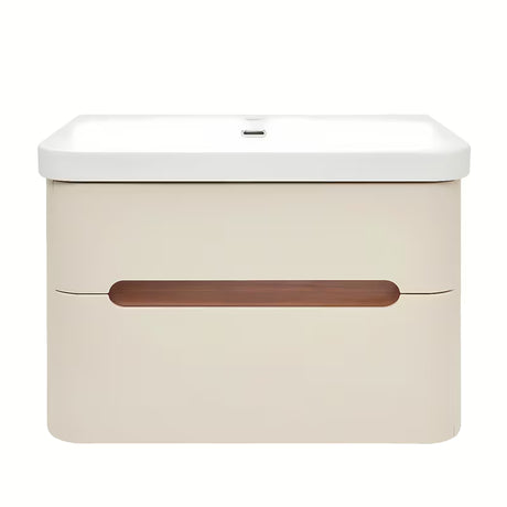 Viseća kupaonski ormarić s umivaonikom SAT Fusion u mat pješčano bež boji s obrubom u dekoru oraha