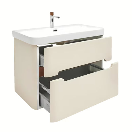 Viseća kupaonski ormarić s umivaonikom SAT Fusion u mat pješčano bež boji s dvije ladice