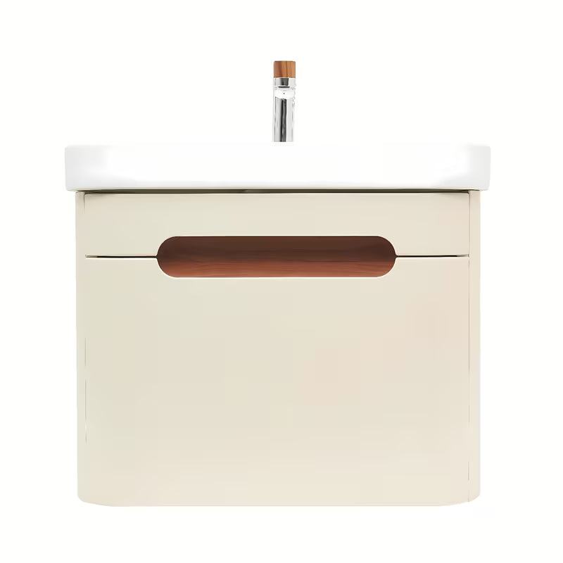 Viseća kupaonski ormarić SAT Fusion s keramičkim umivaonikom u mat pješčano bež boji