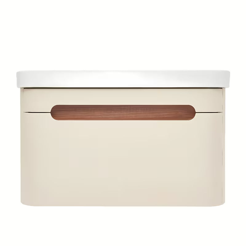 Viseća ormarić s keramičkim umivaonikom SAT Fusion u mat pješčano bež boji sa zaobljenim rubovima