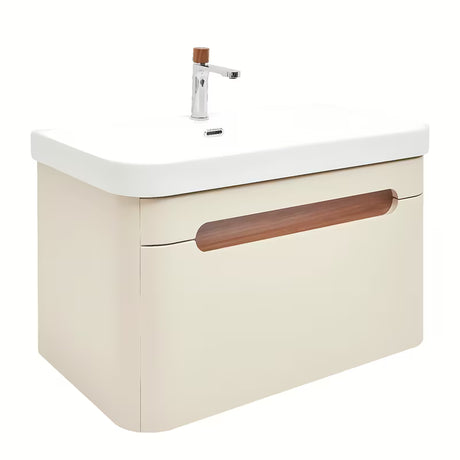 Viseća kupaonski ormarić s keramičkim umivaonikom SAT Fusion u mat pješčano bež boji.