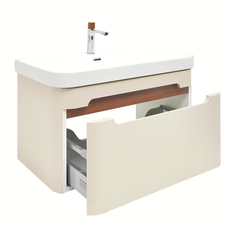 Viseća kupaonski ormarić s keramičkim umivaonikom SAT Fusion u mat pješčano bež boji.