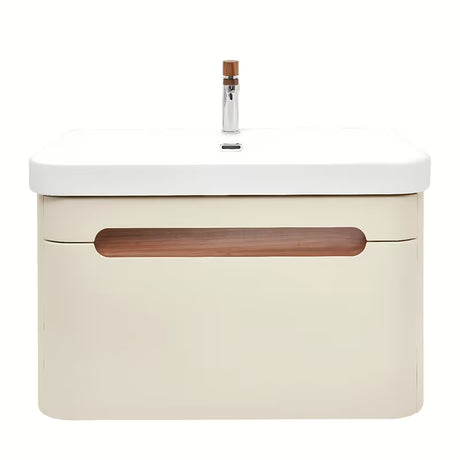 Viseća kupaonski ormarić s keramičkim umivaonikom SAT Fusion u mat pješčano bež boji.