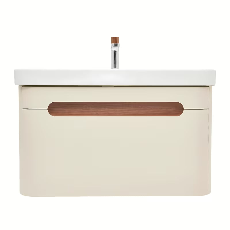 Viseća kupaonski ormarić s keramičkim umivaonikom SAT Fusion u mat pješčano bež boji.