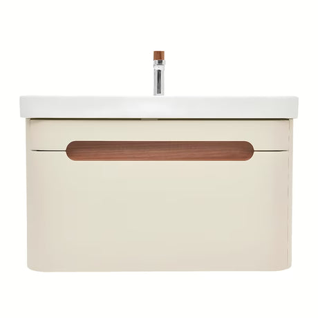 Viseća kupaonski ormarić s keramičkim umivaonikom SAT Fusion u mat pješčano bež boji.