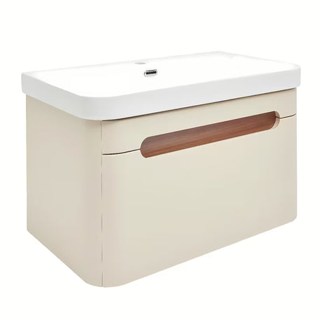 Viseća ormarić s umivaonikom SAT Fusion u mat pješčano bež boji s utičnicom i bijelim sjajnim umivaonikom.