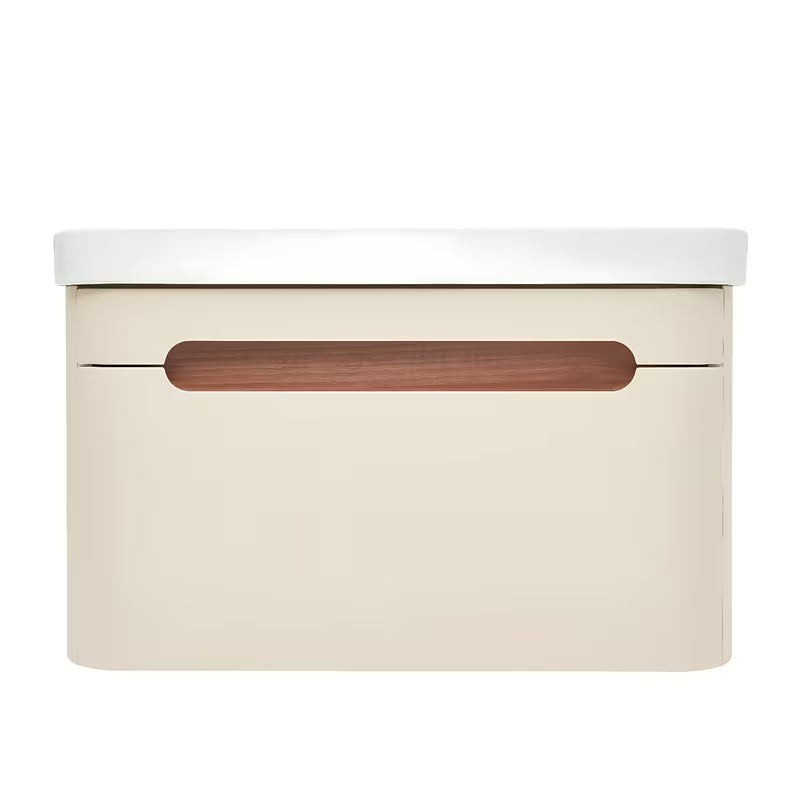 Viseća ormarić s umivaonikom SAT Fusion u mat pješčano bež boji s utičnicom i s bijelim sjajnim umivaonikom.