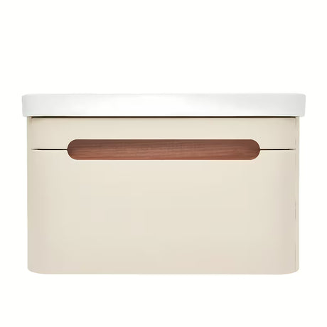 Viseća ormarić s umivaonikom SAT Fusion u mat pješčano bež boji s utičnicom i s bijelim sjajnim umivaonikom.