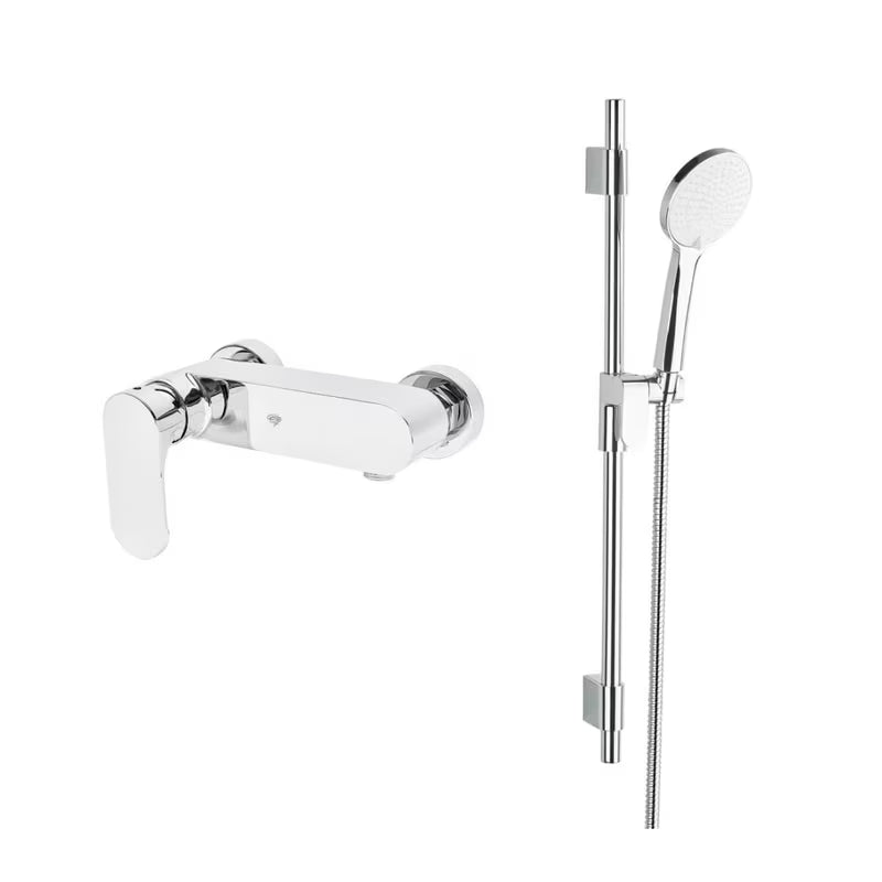 Kromirana miješalica za tuš SAT Fusion s ručicom i tuš setom pro za zidnu montažu.