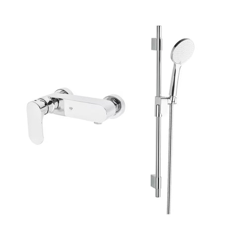 Kromirana miješalica za tuš SAT Fusion s ručicom i tuš setom pro za zidnu montažu.