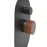 Podžbukna jednoručna baterija miješalica za tuš SAT Fusion s mat površinom i ručicom u dekoru tamnog drva.