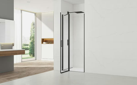 Tuš vrata za nišu SAT Fusion 80 cm u mat crnoj boji s prozirnim staklom i bezokvirnom konstrukcijom.