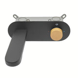 Podžbukna miješalica za umivaonik SAT Fusion u mat crnoj boji s ručicom u dekoru svijetlog drva.