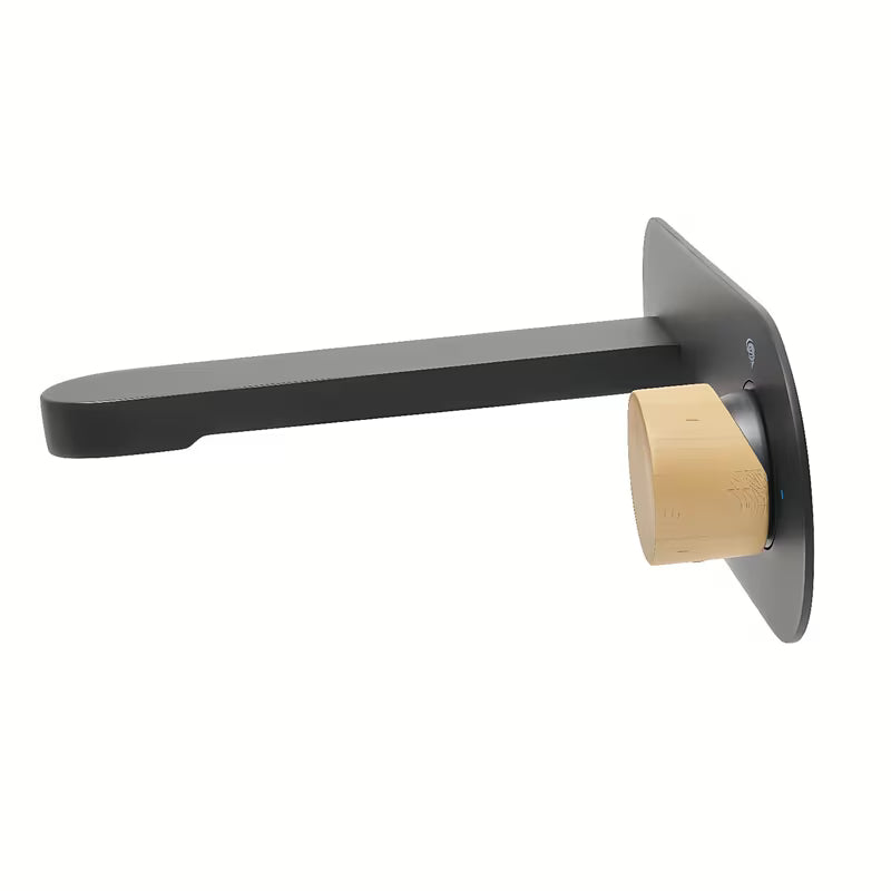 Podžbukna miješalica za umivaonik SAT Fusion u mat crnoj boji s ručicom u dekoru svijetlog drva.