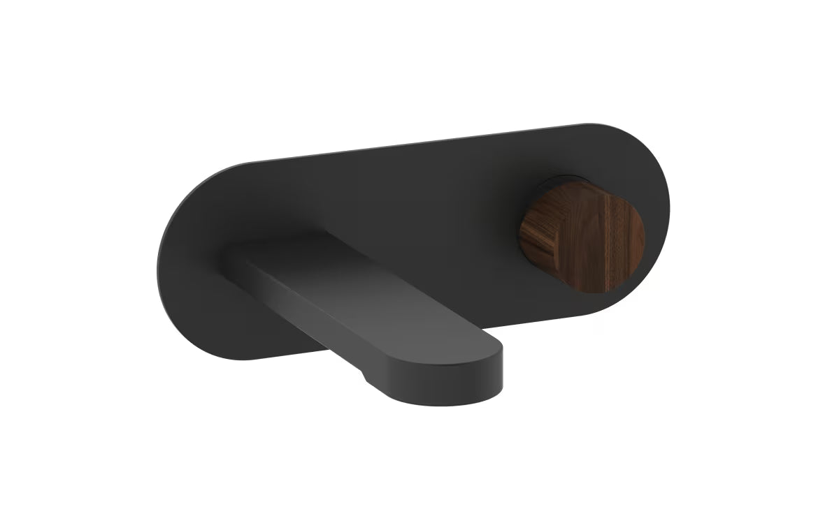 Podžbukna miješalica za umivaonik SAT Fusion u mat crnoj boji s ručicom u dekoru tamnog drva
