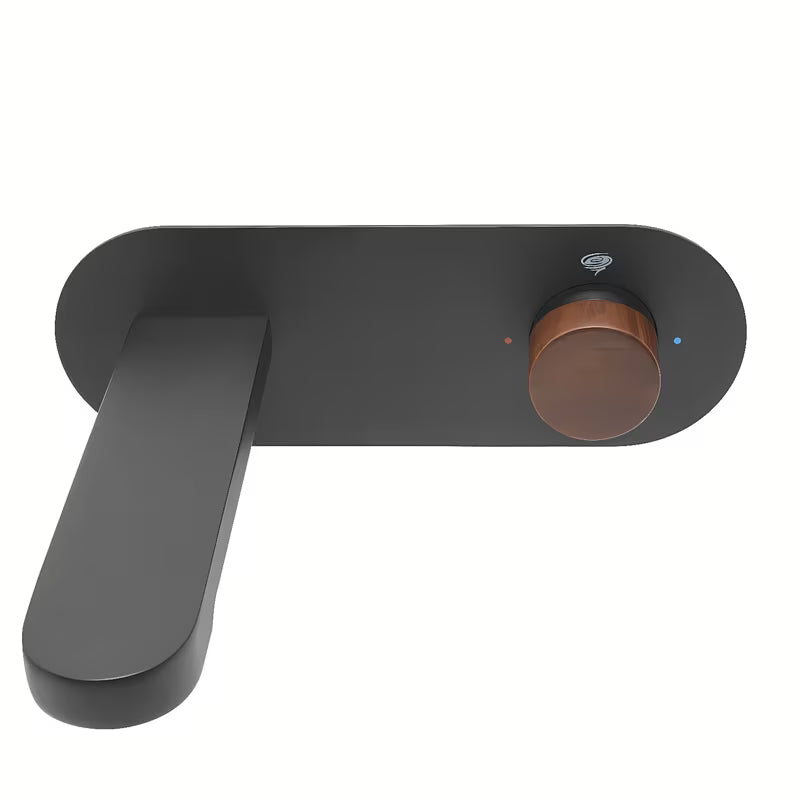 Podžbukna miješalica za umivaonik SAT Fusion u mat crnoj boji s ručicom u dekoru tamnog drva