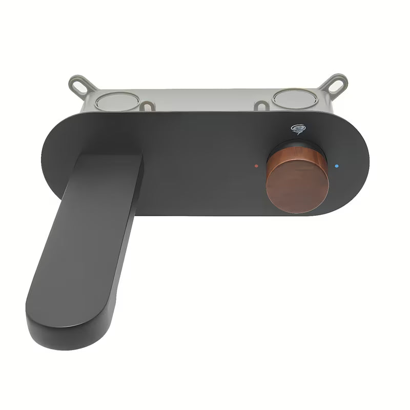 Podžbukna miješalica za umivaonik SAT Fusion u mat crnoj boji s ručicom u dekoru tamnog drva