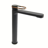 Visoka miješalica za Umivaonik SAT Fusion bez odvoda u mat crnoj izvedbi s brončanom ručicom.