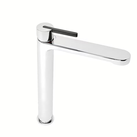 Visoka miješalica za Umivaonik SAT Fusion u kromiranoj izvedbi bez odvoda s crnom upravljačkom ručicom.