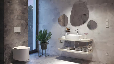 Visoka miješalica za Umivaonik SAT Fusion u kromiranoj izvedbi bez odvoda s crnom upravljačkom ručicom.