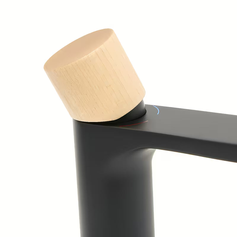 Visoka stojeća miješalica za umivaonik SAT Fusion s mat površinom i ručicom u svijetlom drvu.