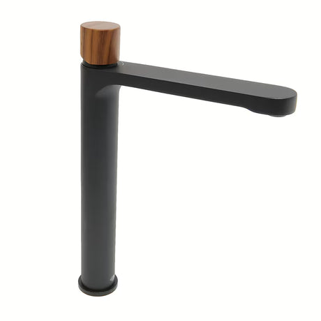 Visoka miješalica za Umivaonik SAT Fusion u mat crnoj boji s ručicom u dekoru tamnog drva.