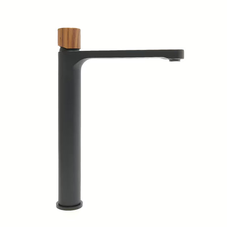 Visoka miješalica za Umivaonik SAT Fusion u mat crnoj boji s ručicom u dekoru tamnog drva.