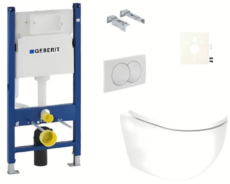 Viseći WC set SAT Fusion s vrtložnim ispiranjem i vodokotlićem Geberit Delta s bijelom tipkom za ispiranje