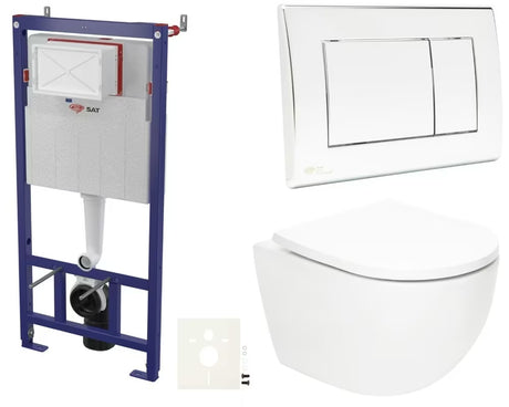Viseći WC set SAT Fusion s vrtložnim ispiranjem, vodokotlićem, aktivacijskom tipkom i WC školjke sjedalom