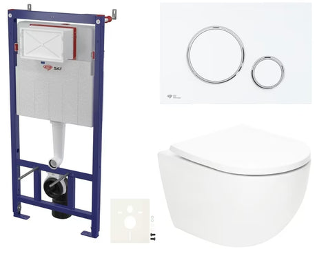 Viseći WC set SAT Fusion s vrtložnim ispiranjem, vodokotlićem, aktivacijskom tipkom bijela mat i sjedalom