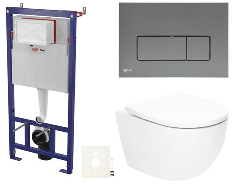 Viseći WC set SAT Fusion s vrtložnim ispiranjem, vodokotlićem, tipkom za ispiranje gun metal mat i daskom