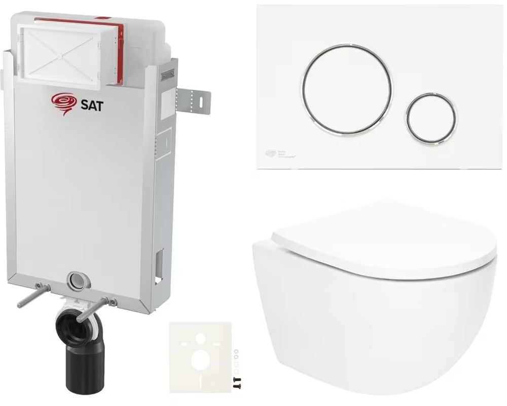 Viseći WC set SAT Fusion s vrtložnim ispiranjem, ugradbenim modulom, vodokotlićem, tipkom i sjedalom