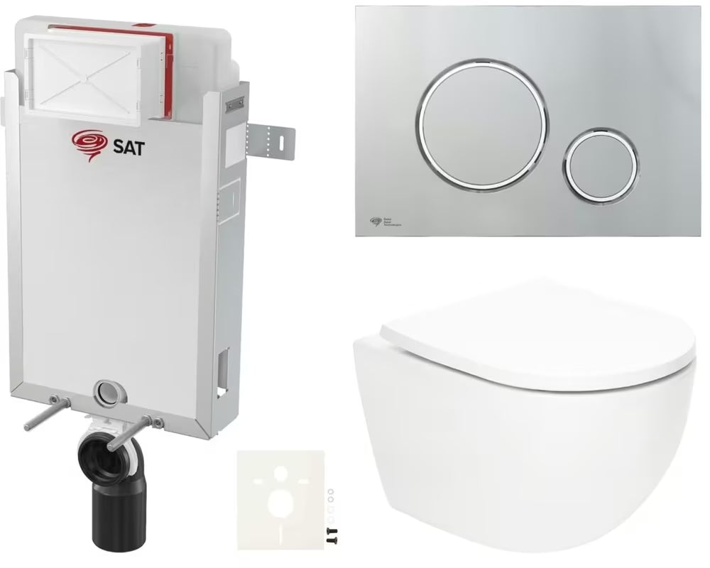 Viseći WC set SAT Fusion s vrtložnim ispiranjem, ugradbenim modulom, vodokotlićem i tipkom u sjajnom kromu