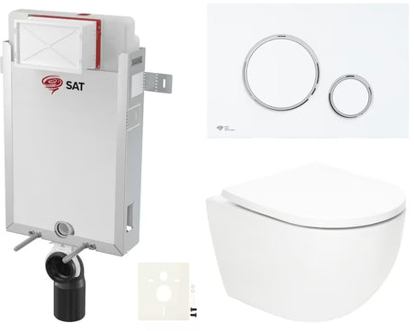 Viseći WC set SAT Fusion s vrtložnim ispiranjem, ugradbenim modulom, vodokotlićem i tipkom u mat bijeloj boji