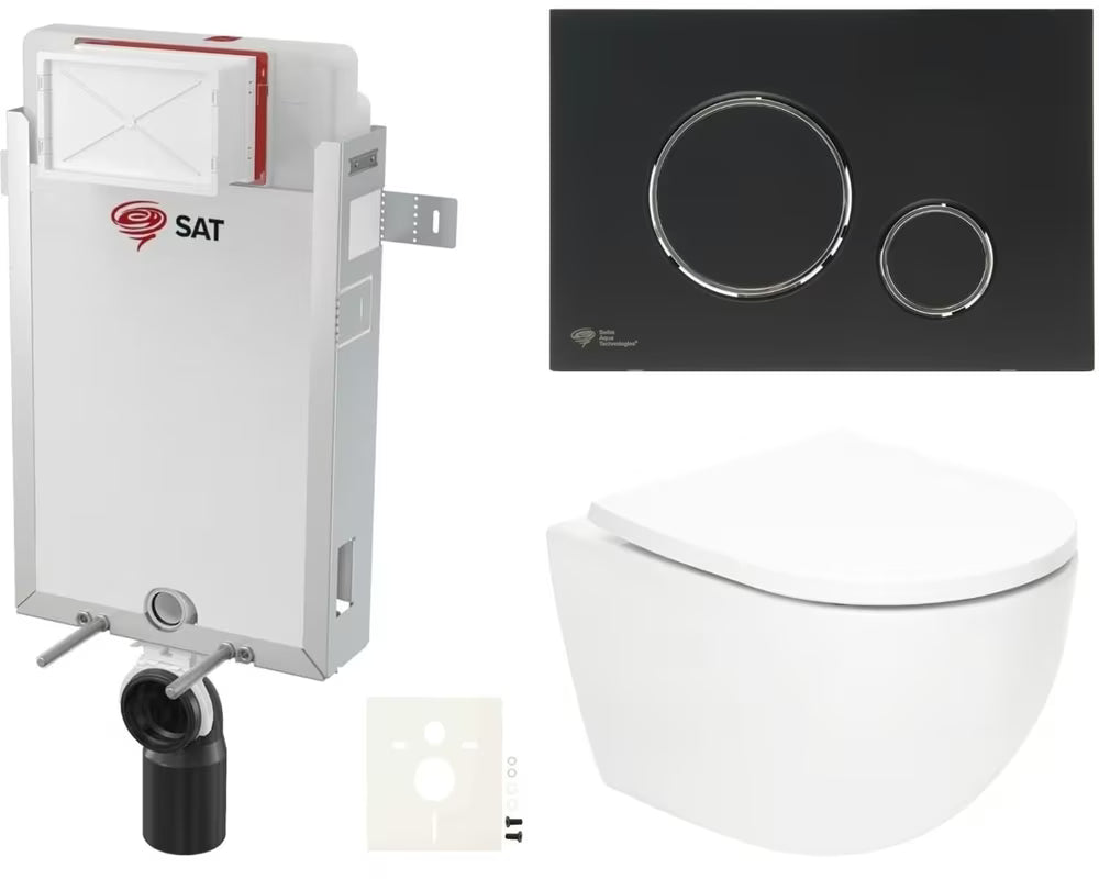 Viseći WC set SAT Fusion s vrtložnim ispiranjem, tipkom u mat crnoj boji i sjedalom od duroplasta