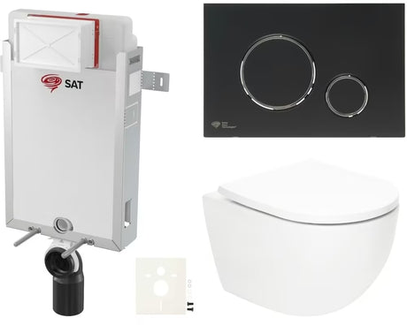 Viseći WC set SAT Fusion s vrtložnim ispiranjem, tipkom u mat crnoj boji i sjedalom od duroplasta