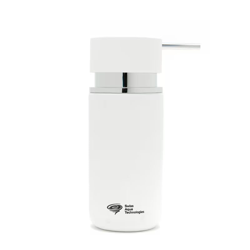 Samostojeći  dozator sapuna SAT Infinitio u bijeloj mat boji od gumirane keramike.