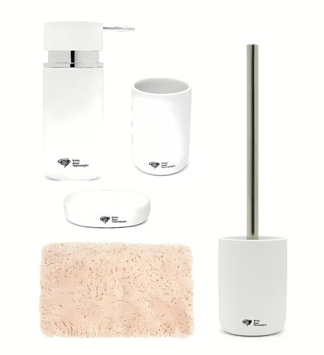 Set kupaonskih dodataka SAT Infinitio s dozatorom za sapun, držačem četkica za zube, posudicom za sapun, WC školjke WC četkom i kupaonskim tepihom.