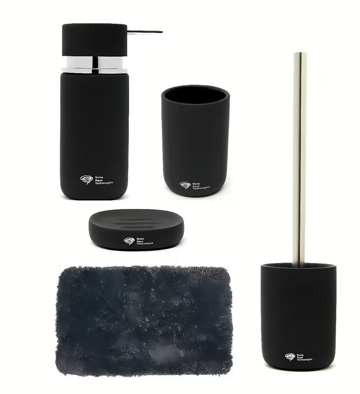 Cjenovno povoljna set kupaonskih dodataka SAT Infinitio s dozatorom, posudicom za sapun, držačem četkica za zube, WC školjke WC četkom i kupaonskim tepihom