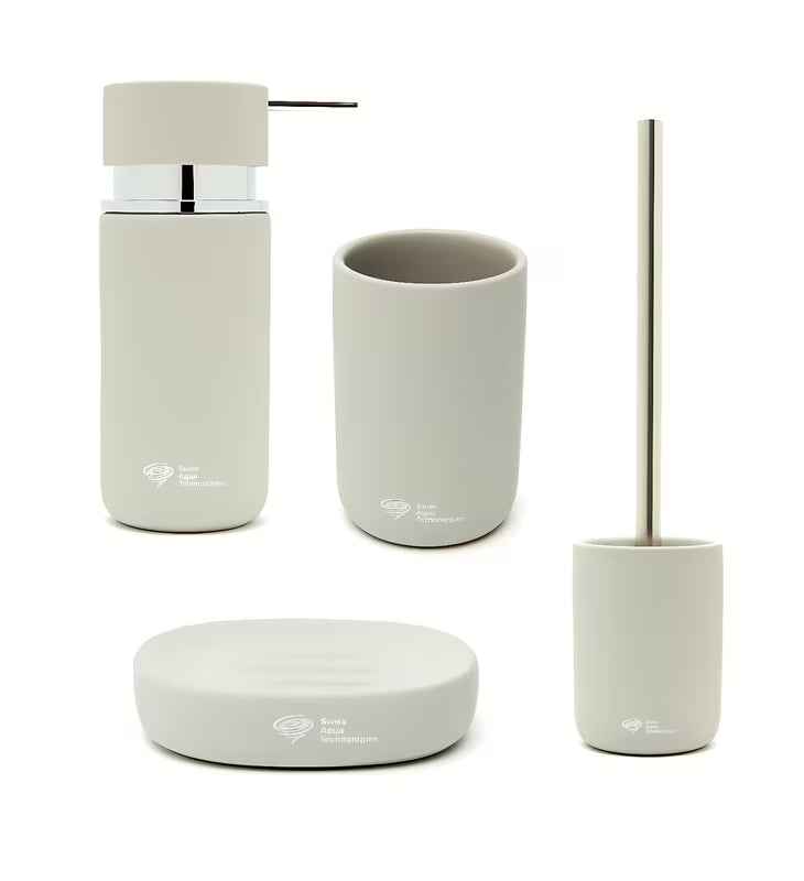 Set kupaonskih dodataka SAT Infinitio od mat keramike s dozatorom, posudicom za sapun i čašom.