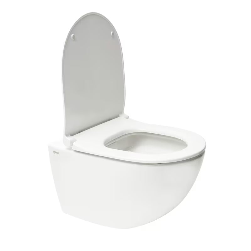 Bijeli viseća WC školjka SAT Infinitio s bezrubnim ispiranjem Rim-Ex i sjedalom sa soft Close.
