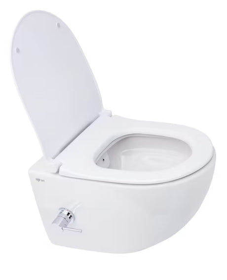 Bijeli viseća WC školjka SAT Infinitio s integriranom bide funkcijom, bočnim upravljanjem i sjedalom soft Close.