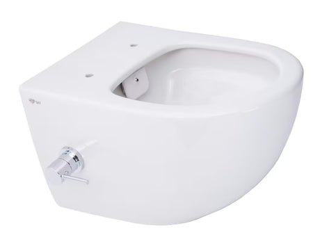 Bijeli viseća WC školjka SAT Infinitio s integriranom bide funkcijom, bočnim upravljanjem i sjedalom soft Close.