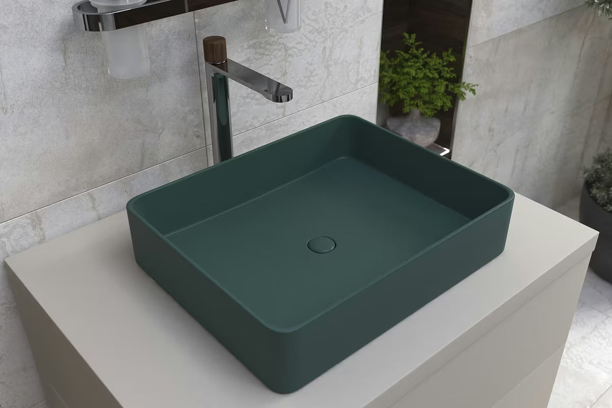 SAT Infinitio keramički umivaonik na ploču 50x40 cm u tamnozelenoj mat boji bez preljeva.