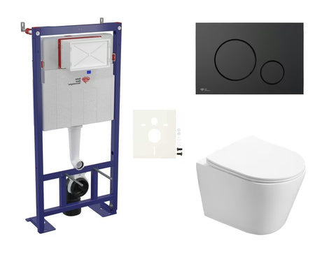 Viseći WC set SAT Infinitio s ugradbenim vodokotlićem, crnom mat tipkom i sjedalom soft Close