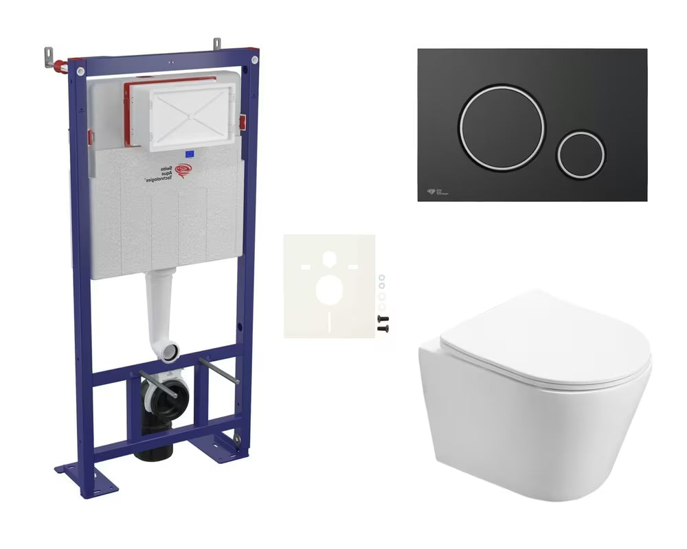 Viseći WC set SAT Infinitio s podžbuknim modulom za suhu gradnju, crnim mat tipkalom i sjedalom soft Close